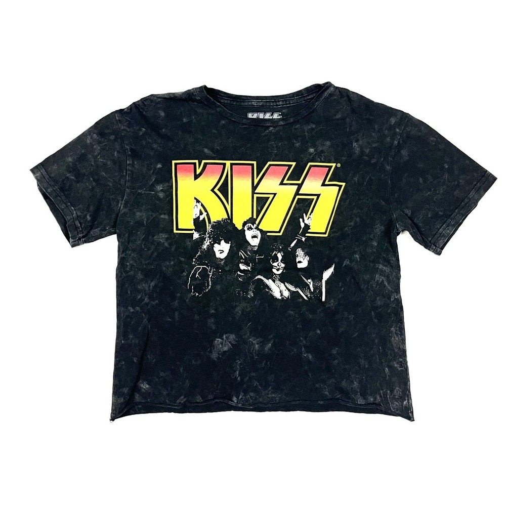 KISS Women Black Acid Wash Band Cropped T-Shirt Short Sleeve Small